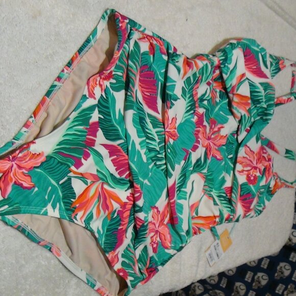 Kona Sol Women's Swimsuit Tummy Control Tropical Print Front Wrap M,L , XL - Picture 3 of 16